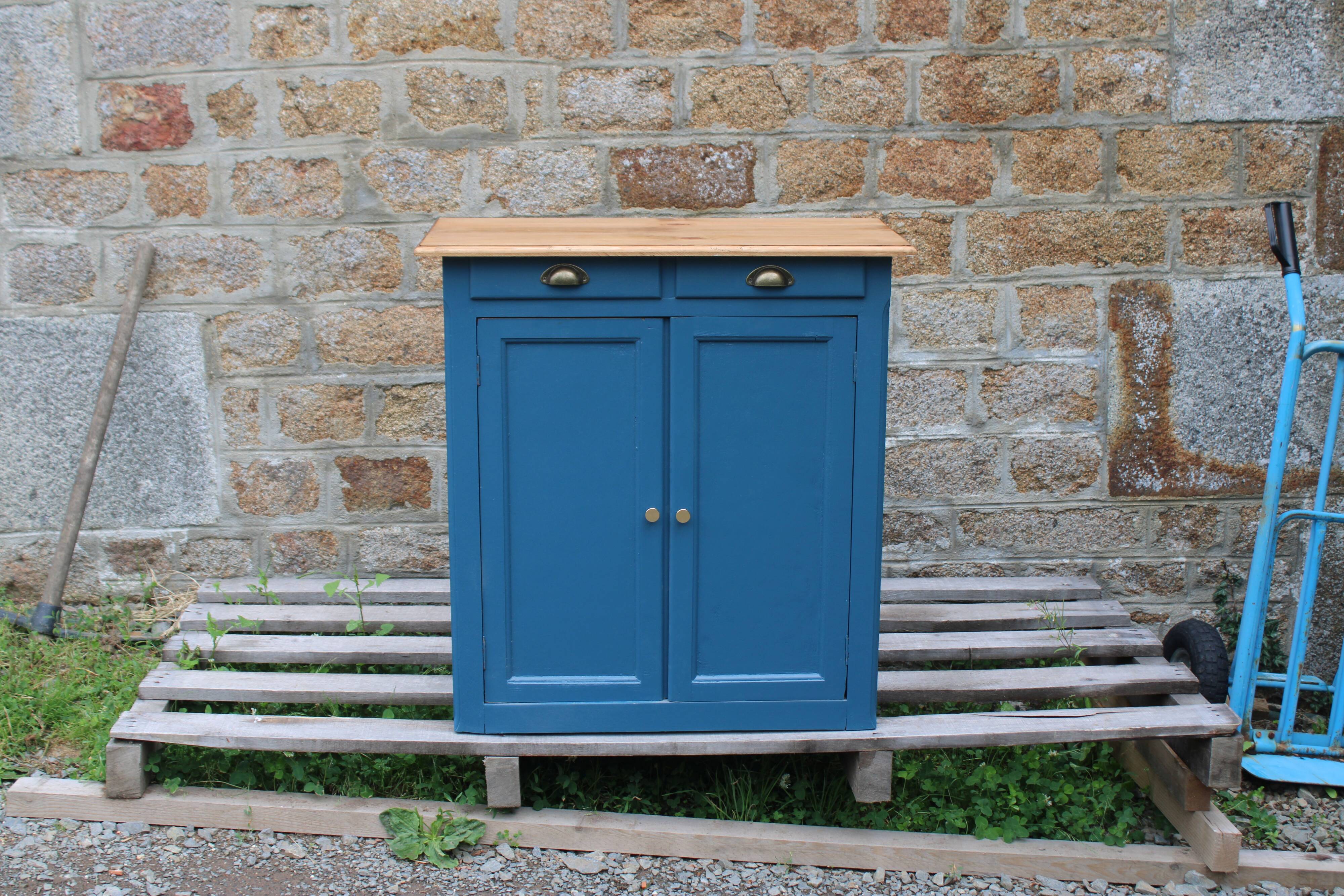 Vintage deep blue Parisian sideboard & natural wood top