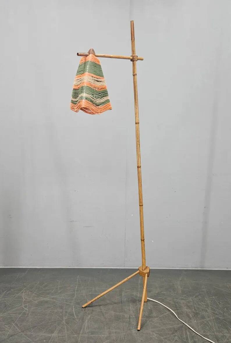 Rare Midcentury Floor Bambnoo and String Lamp, 1960s