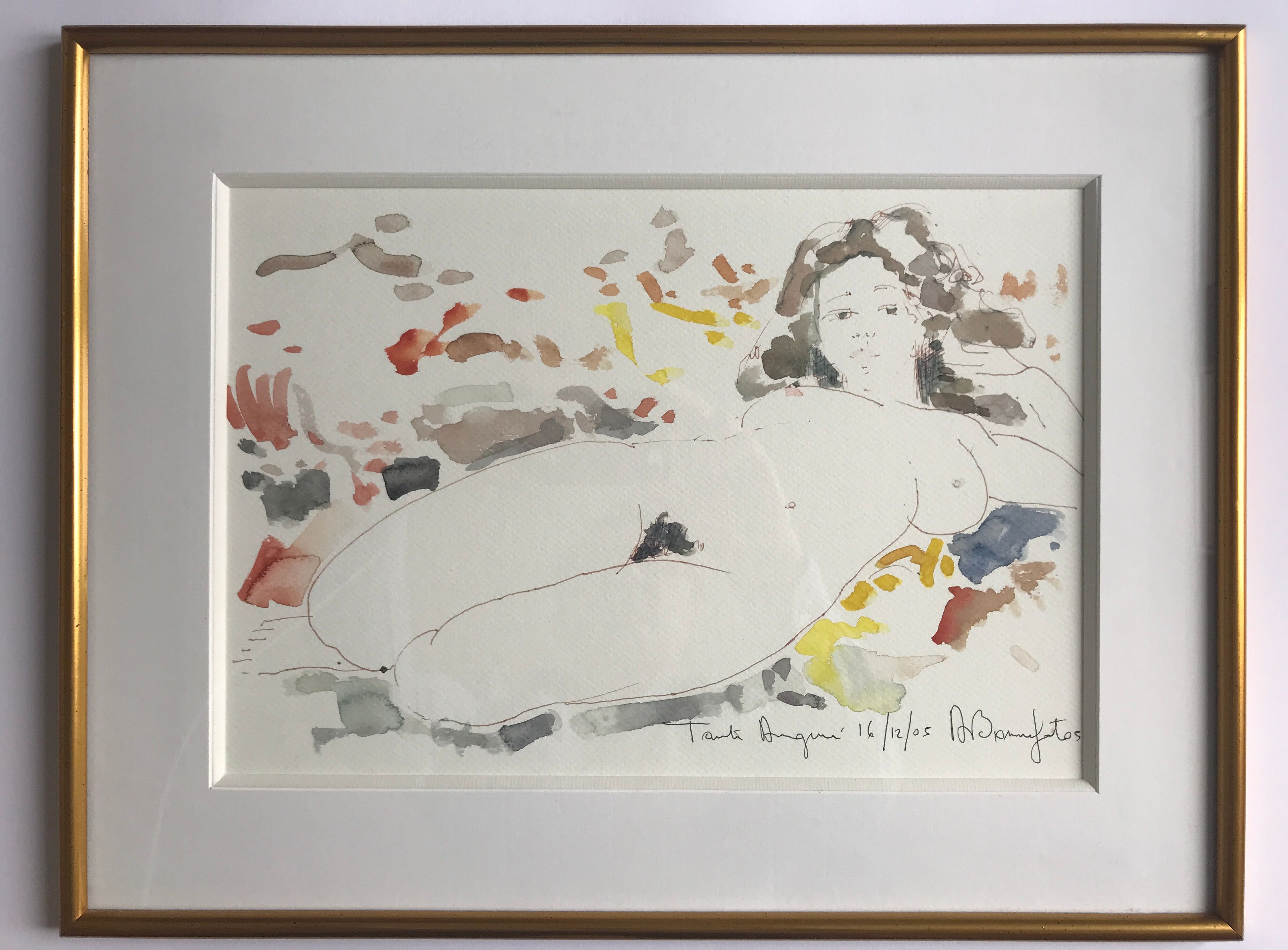 Watercolor in colors signed by alain bonnefoit, nude elongated, 2015