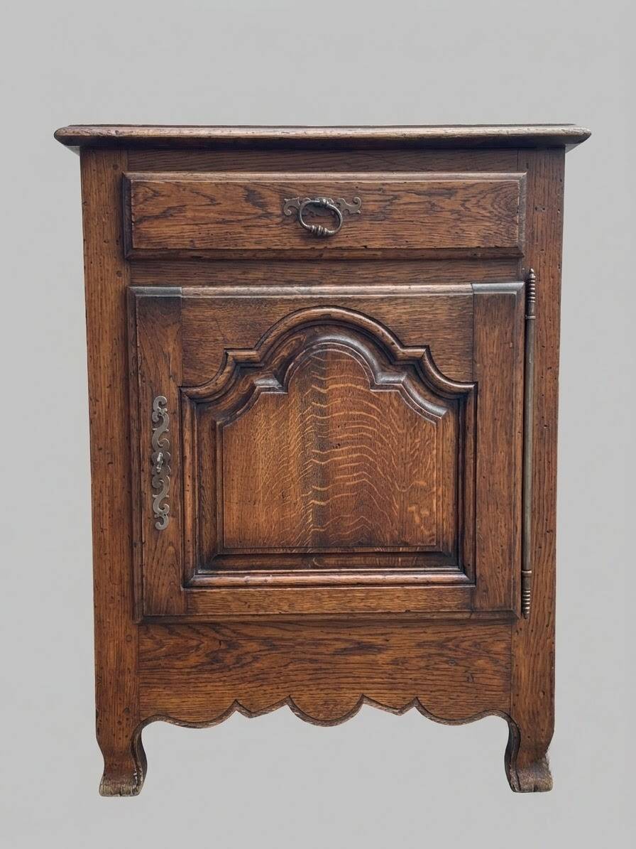 Small cupboard, jam cabinet with one door and one drawer, rustic, oak, solid wood.
