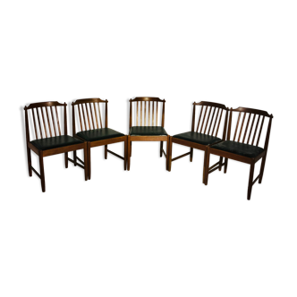 Suite of 5 vintage chairs - leather and wood - breox