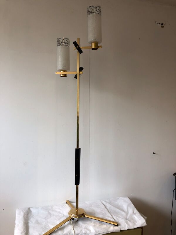 Lampadaire métal laiton et  opaline Maison Arlus