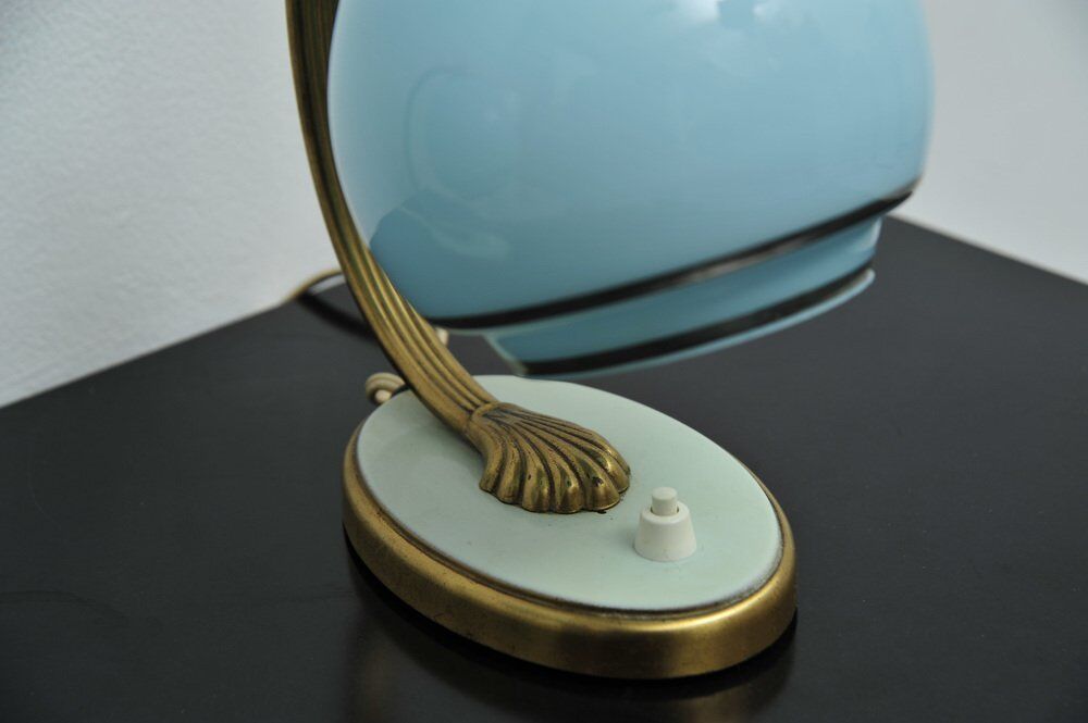 Set of 2x Bedside lamps with blue glass and bronze feet, 1930s