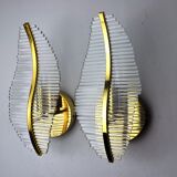 Pair of floral wall lamps Venini dorée, Murano, tubular glasses, Italy, 1970