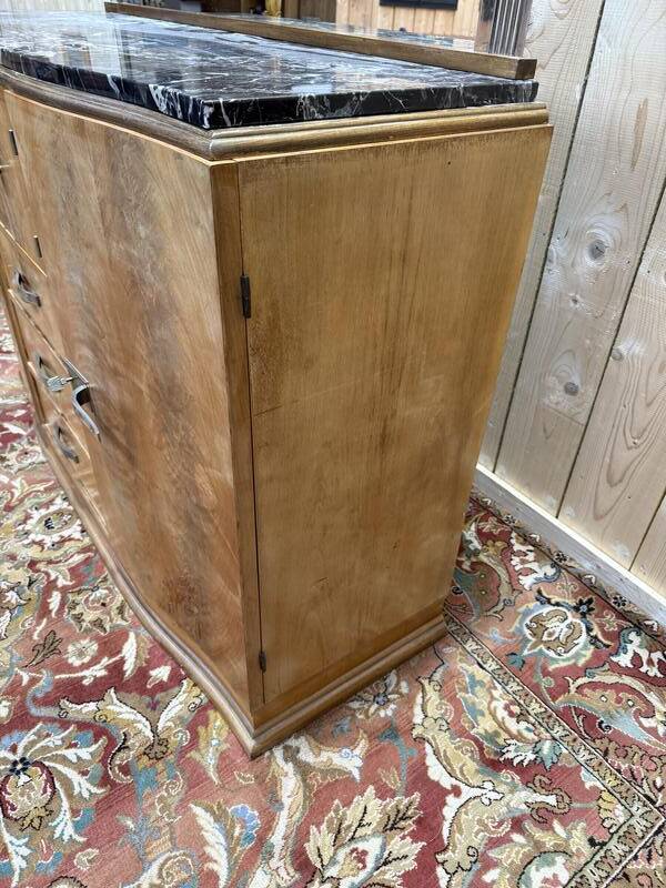 Buffet bas époque Art déco en bois et marbre avec miroir