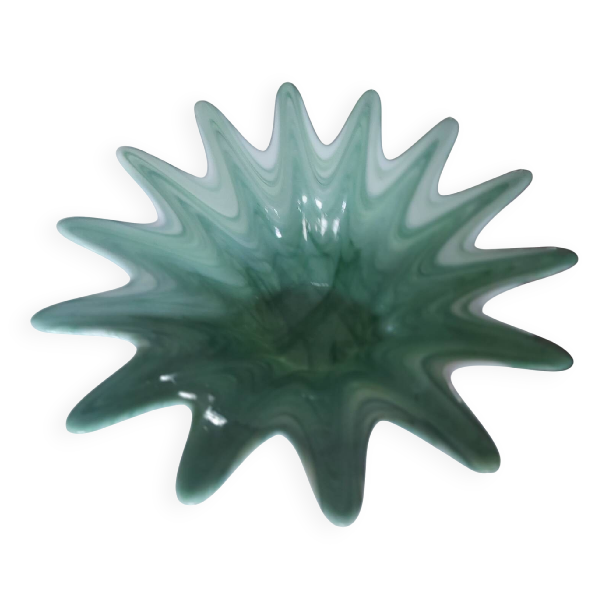 Opalescent glass bowl in the Murano style with a silver-plated metal base.