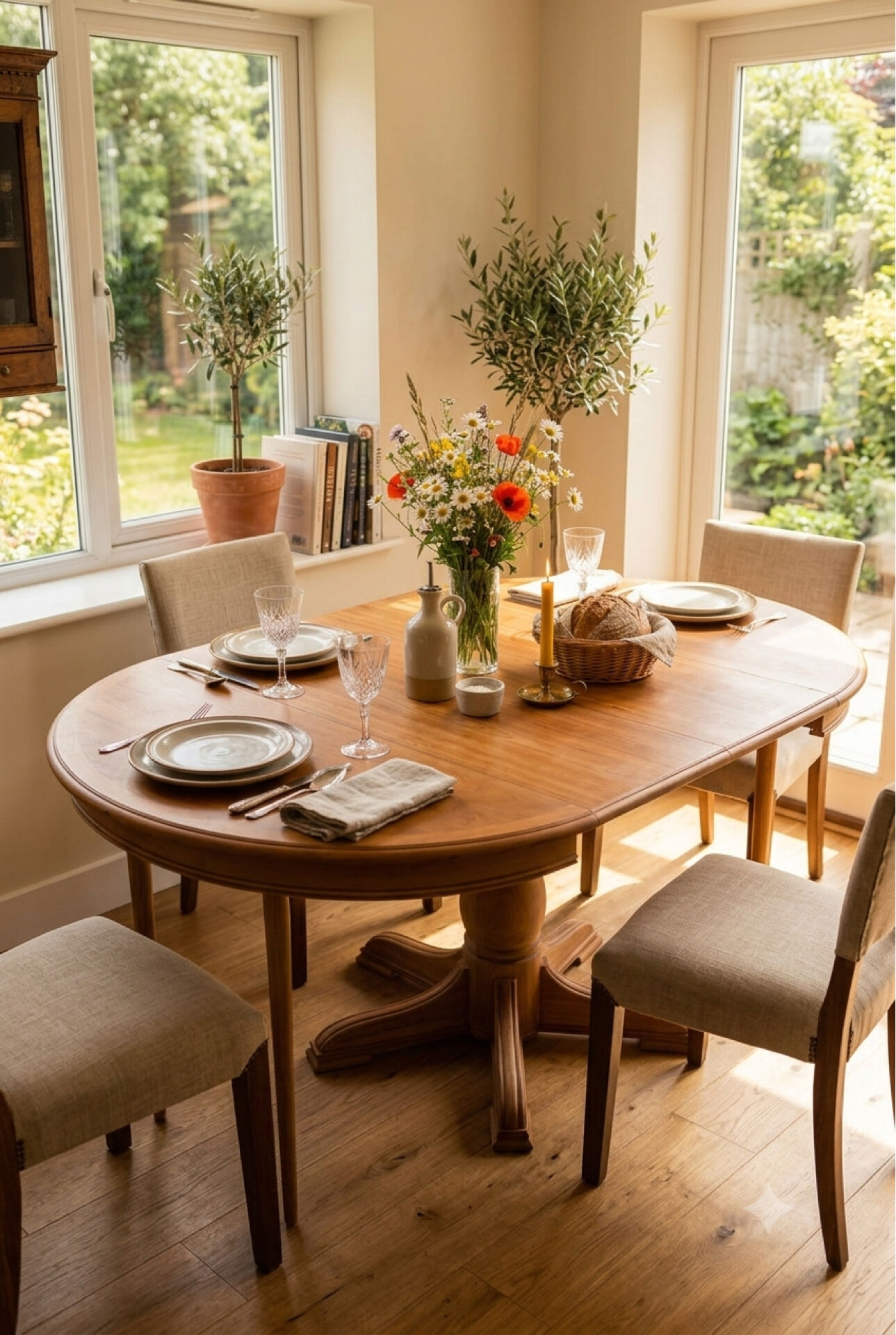 Large extendable round dining table stripped with a central wooden leg 110-198cm.