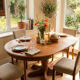 Large extendable round dining table stripped with a central wooden leg 110-198cm.