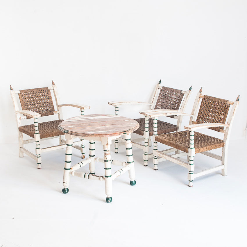 Set of vintage wooden and woven rope armchairs with a matching table. Spain, 1960s.