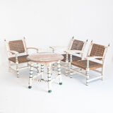 Set of vintage wooden and woven rope armchairs with a matching table. Spain, 1960s.