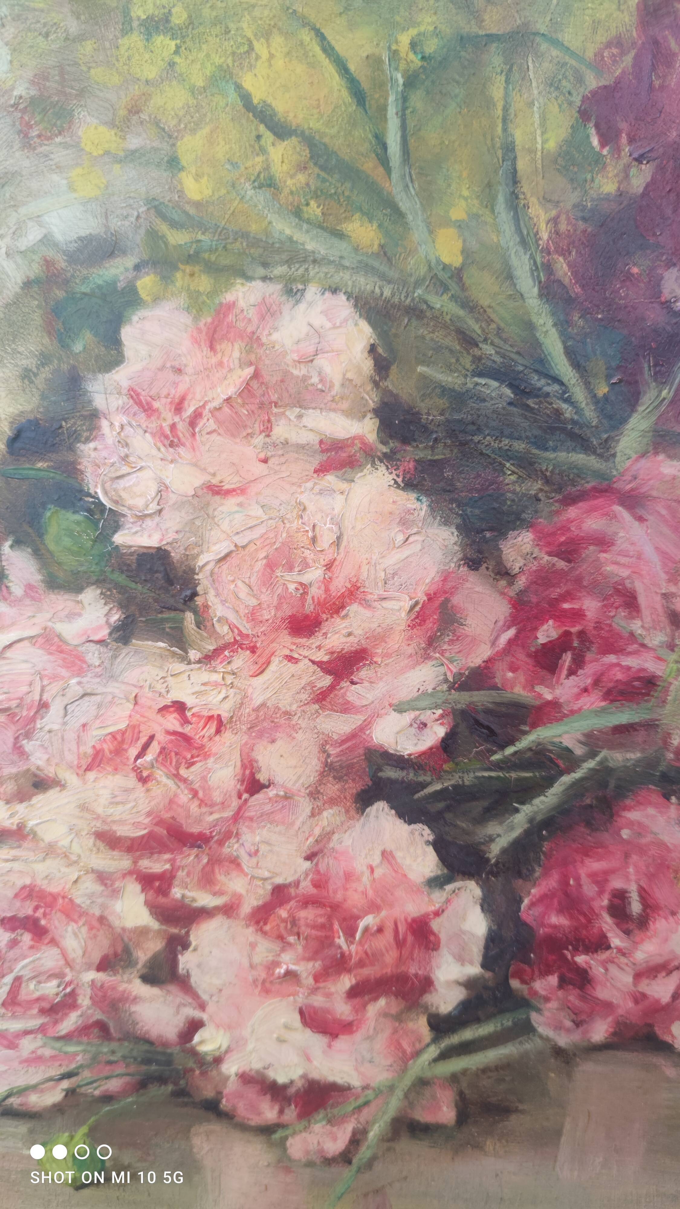 Elliptical table still life bouquet of flowers oil on wood by Lillie Honnorat