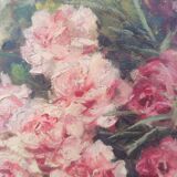 Elliptical painting still life bouquet of flowers oil on wood by Lillie Honnorat