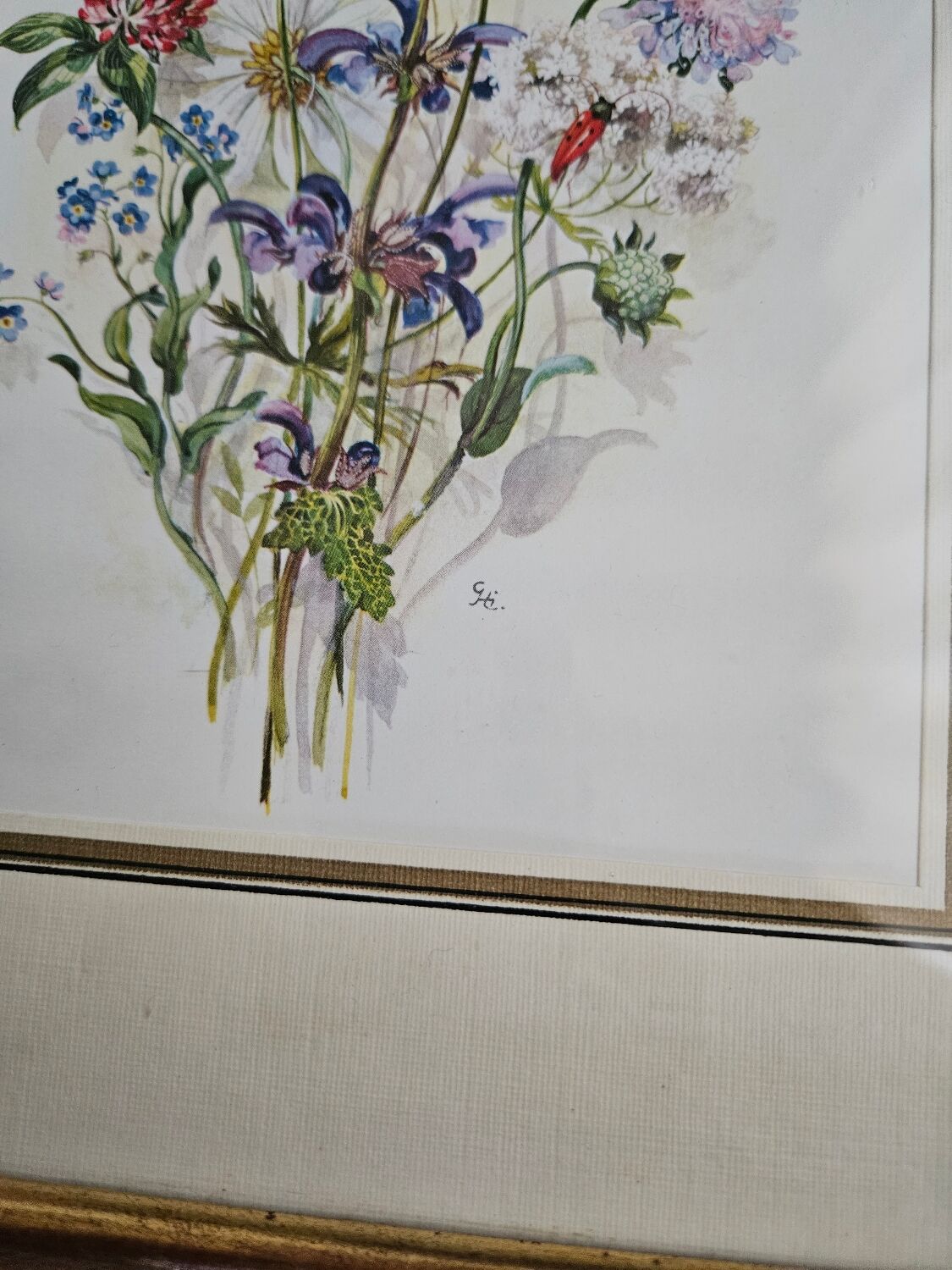 Lithographie bouquet de fleurs sauvages sous cadre doré