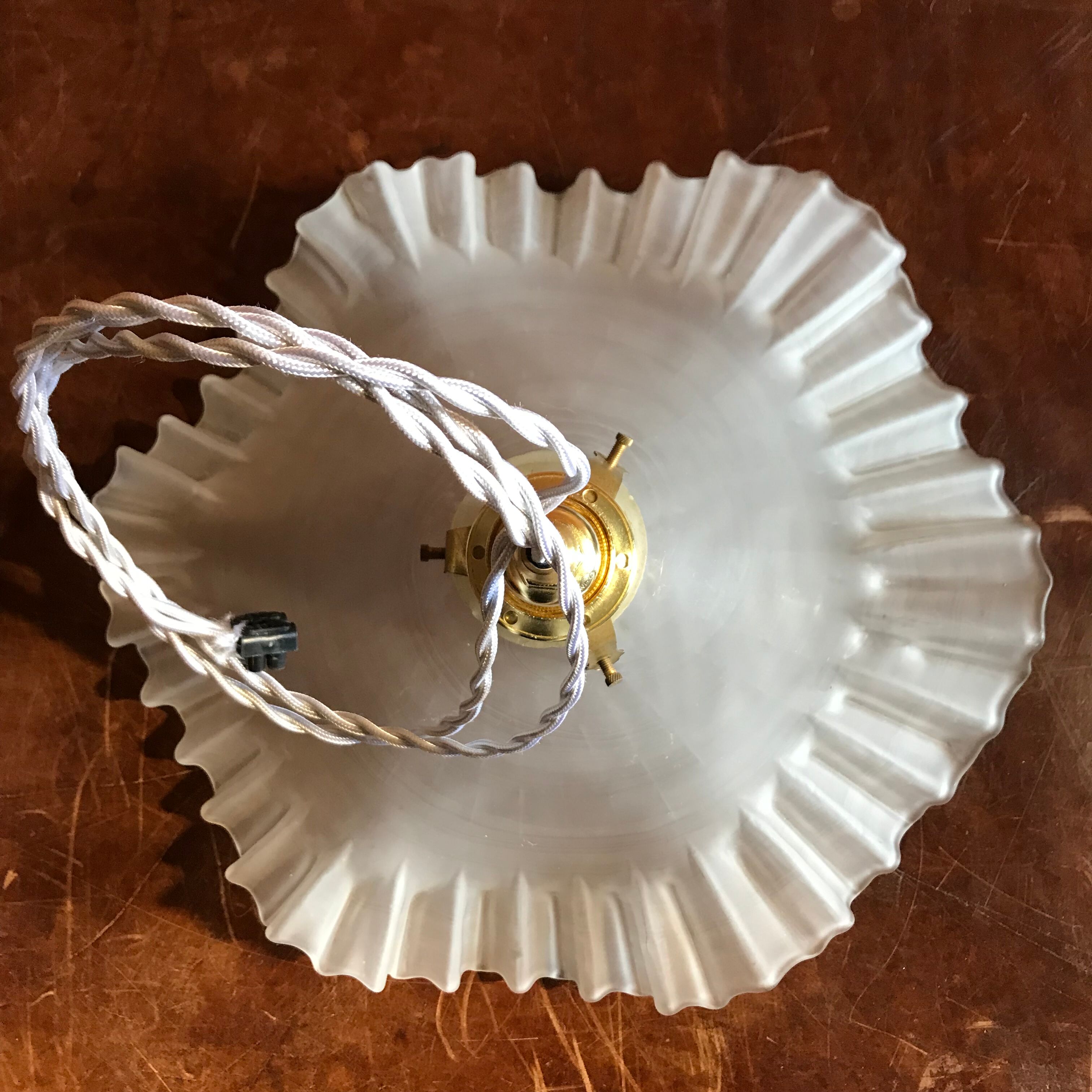 Vintage suspension lamp in pleated opaline
