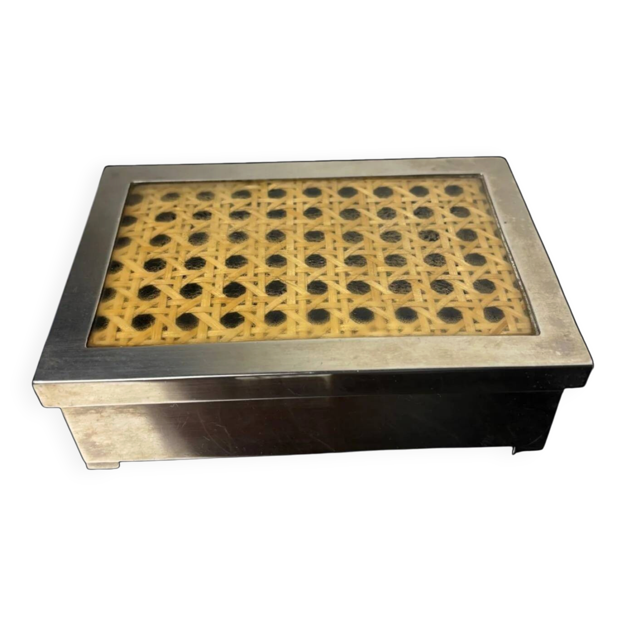 Lucite & rattan chromed vanity box, Christian Dior style, 1970s