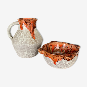 Vintage glazed pitcher and mortar duo