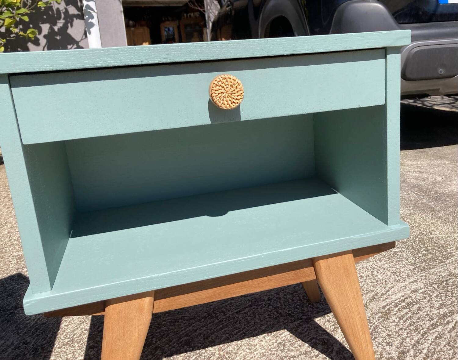 Pair of vintage bedside tables with compass feet/green