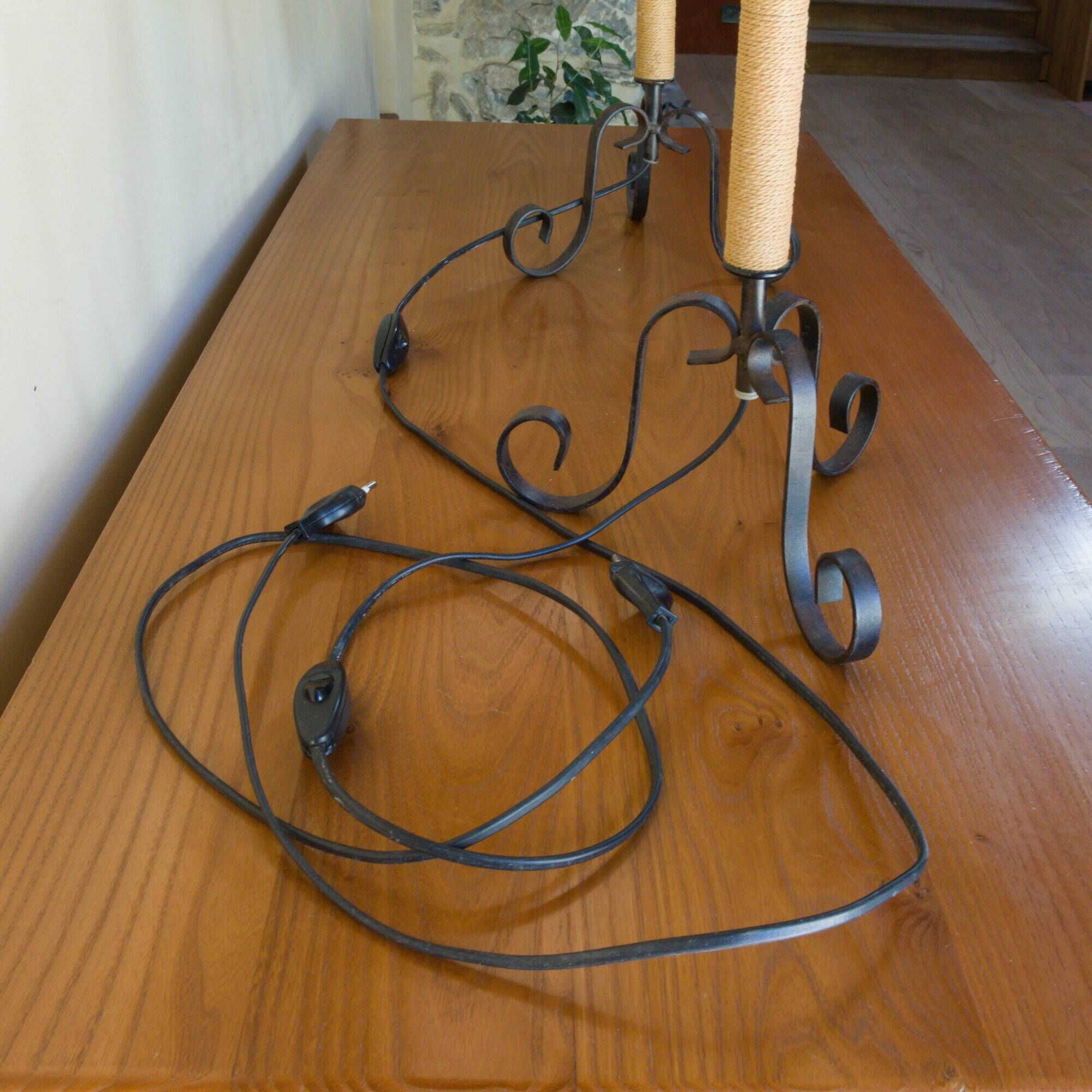 Pair of wrought iron and rope table lamps, adjustable lampshade.