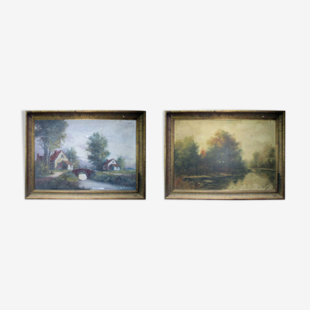 Antique paintings set of 2 matching works oil on canvas - signed