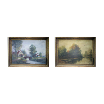 Antique paintings set of 2 matching works oil on canvas - signed