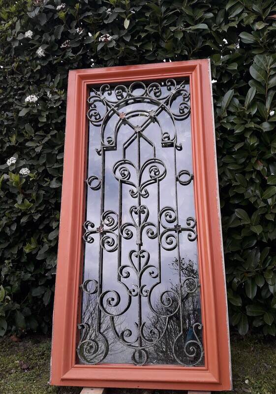 Window frame 179x88cm walnut oak wrought iron grille opening glass panel