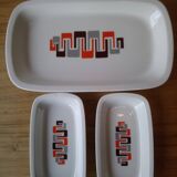 Set of a rectangular dish and 2 ramekins with geometric decor from the 1970s in Sologne porcelain