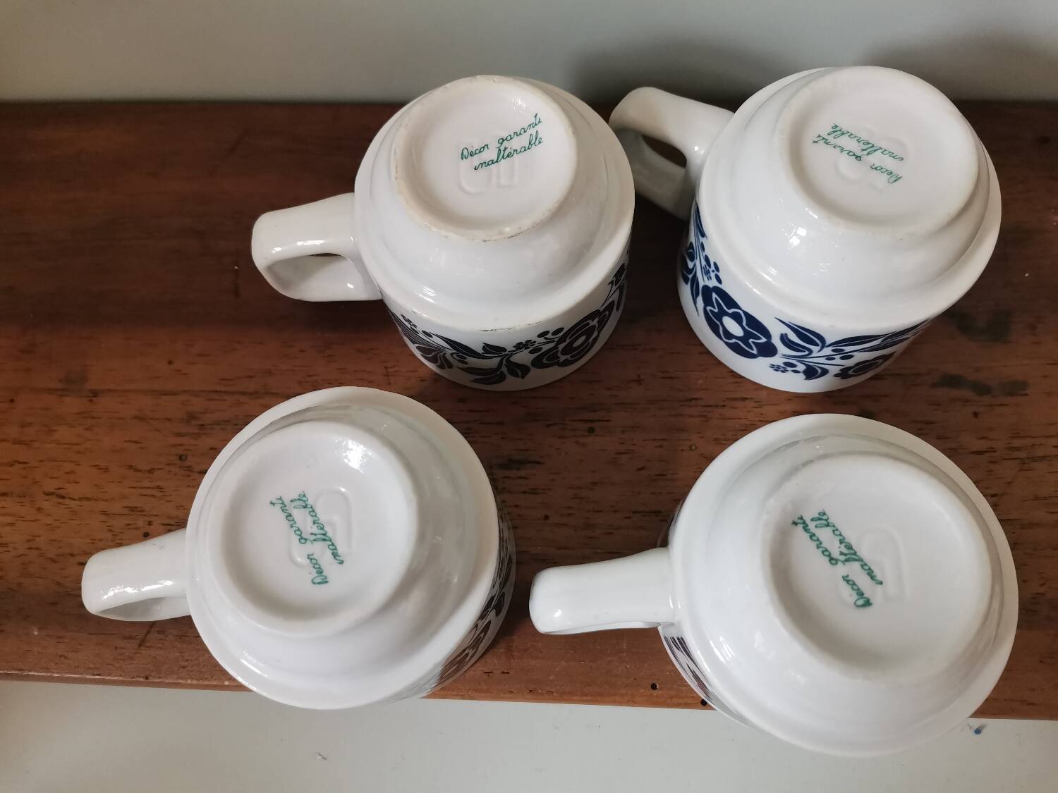 Set of 4 vintage bar coffee cups Sarreguemines vintage screen-printed blue flower pattern