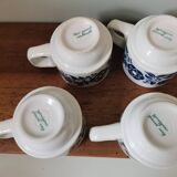 Set of 4 vintage bar coffee cups Sarreguemines vintage screen-printed blue flower pattern
