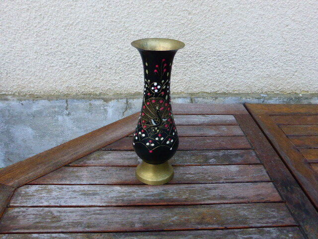 Metal brass, painted and carved vase, with a Peacock, vintage
