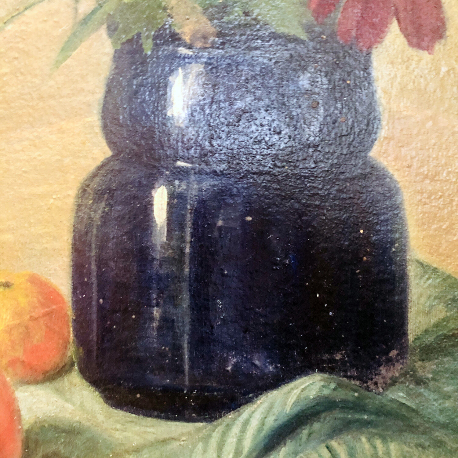 Tableau nature morte années 30 "fleurs et pommes"