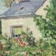 Huile sur toile 1953 Jardin d’été signée cadre bois patiné