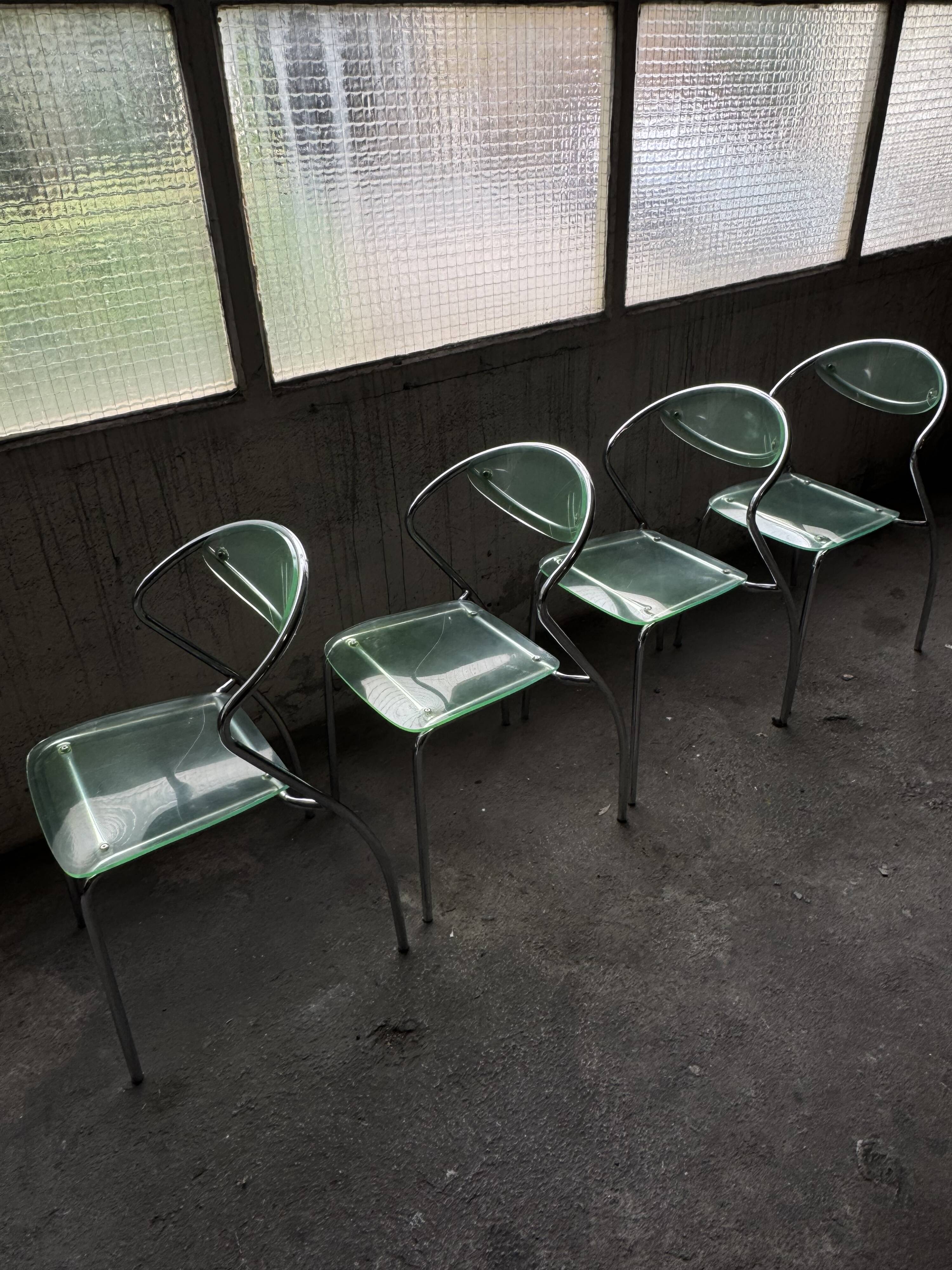 set of 4 designer chrome and plexiglass chairs, 80s
