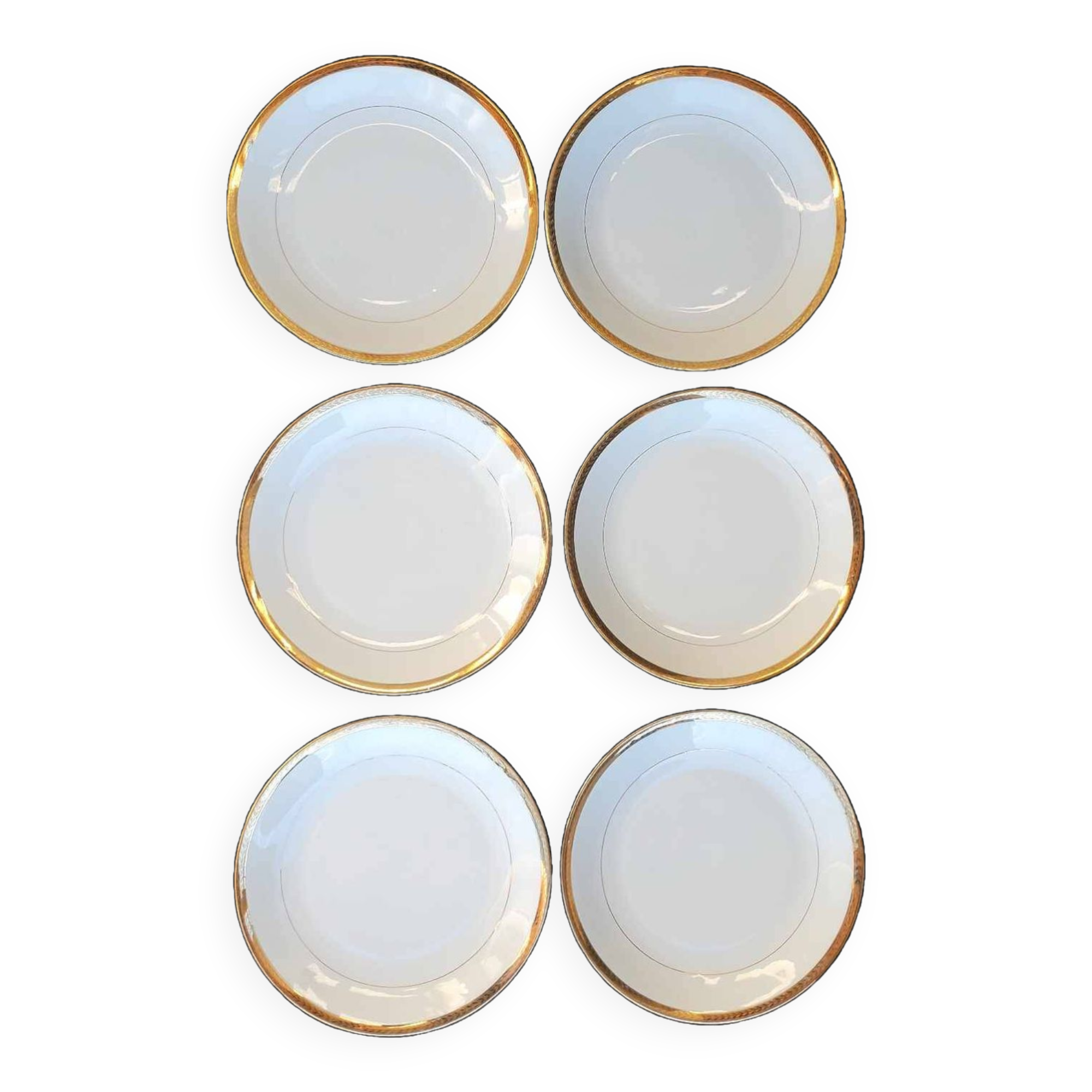 Set of 6 flat plates in Foëcy porcelain with golden epi border