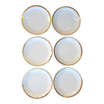 Set of 6 flat plates in Foëcy porcelain with golden epi border