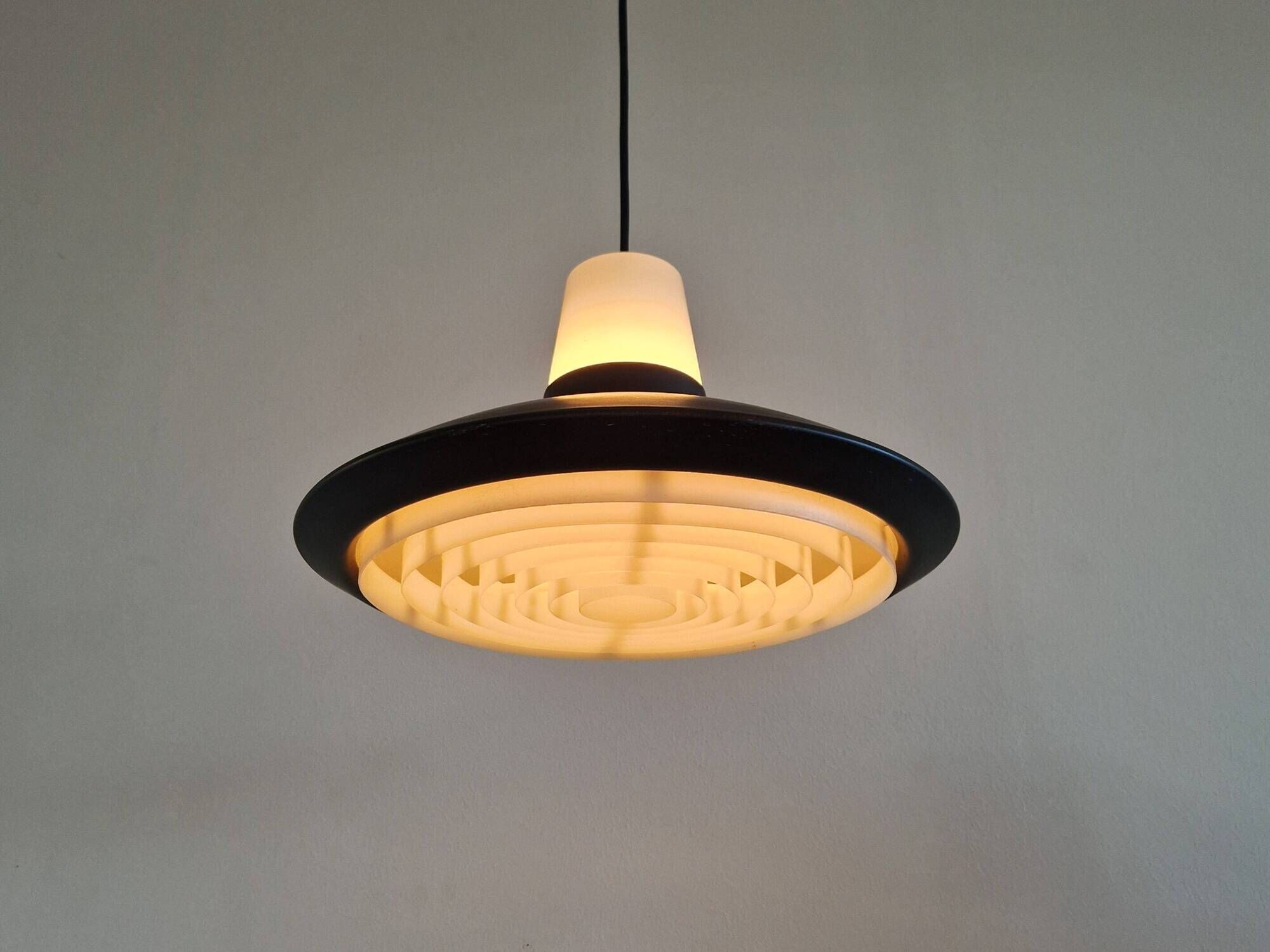 Set of 2 black and white pendant lamps for Nordisk Solar, Denmark 1960's