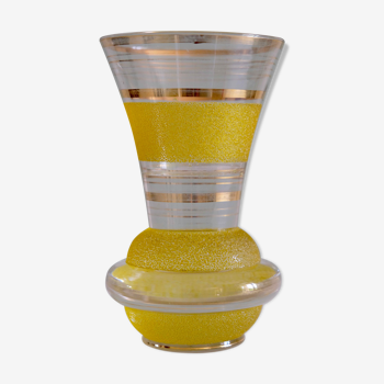 Vase année 50/60 verre granité jaune, rayures et liserés dorés