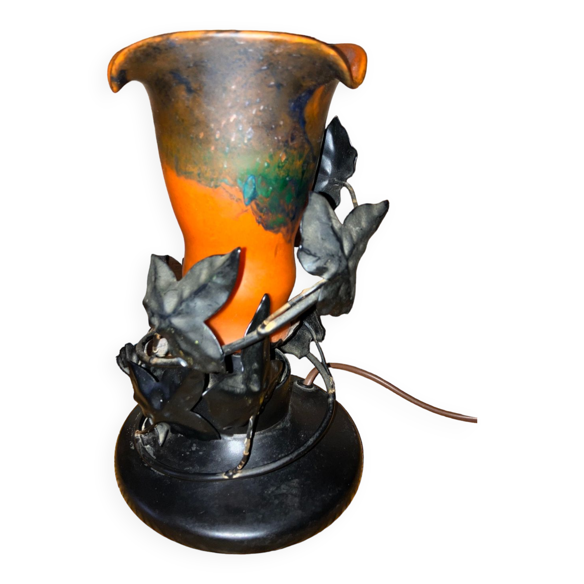 Sautoir Vintage Années 50 - Pâte De Verre Orange, Vert, Irisé - Longueur 92 Cm - Laiton