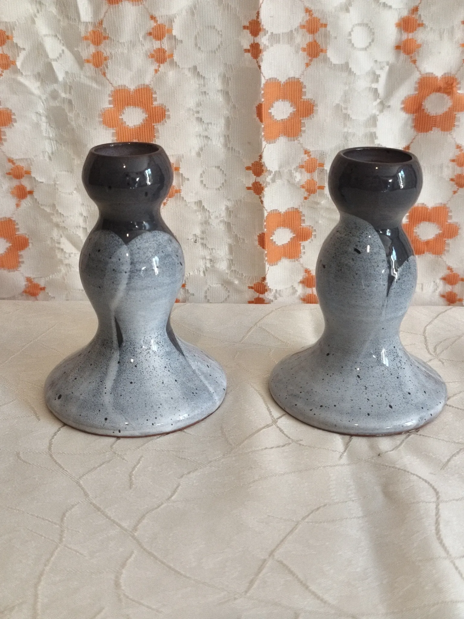 Pair of handcrafted glazed stoneware candle holders