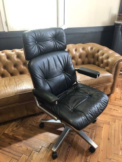 Office chair 1970 Stoll /Giroflex in black leather by Karl Ditter