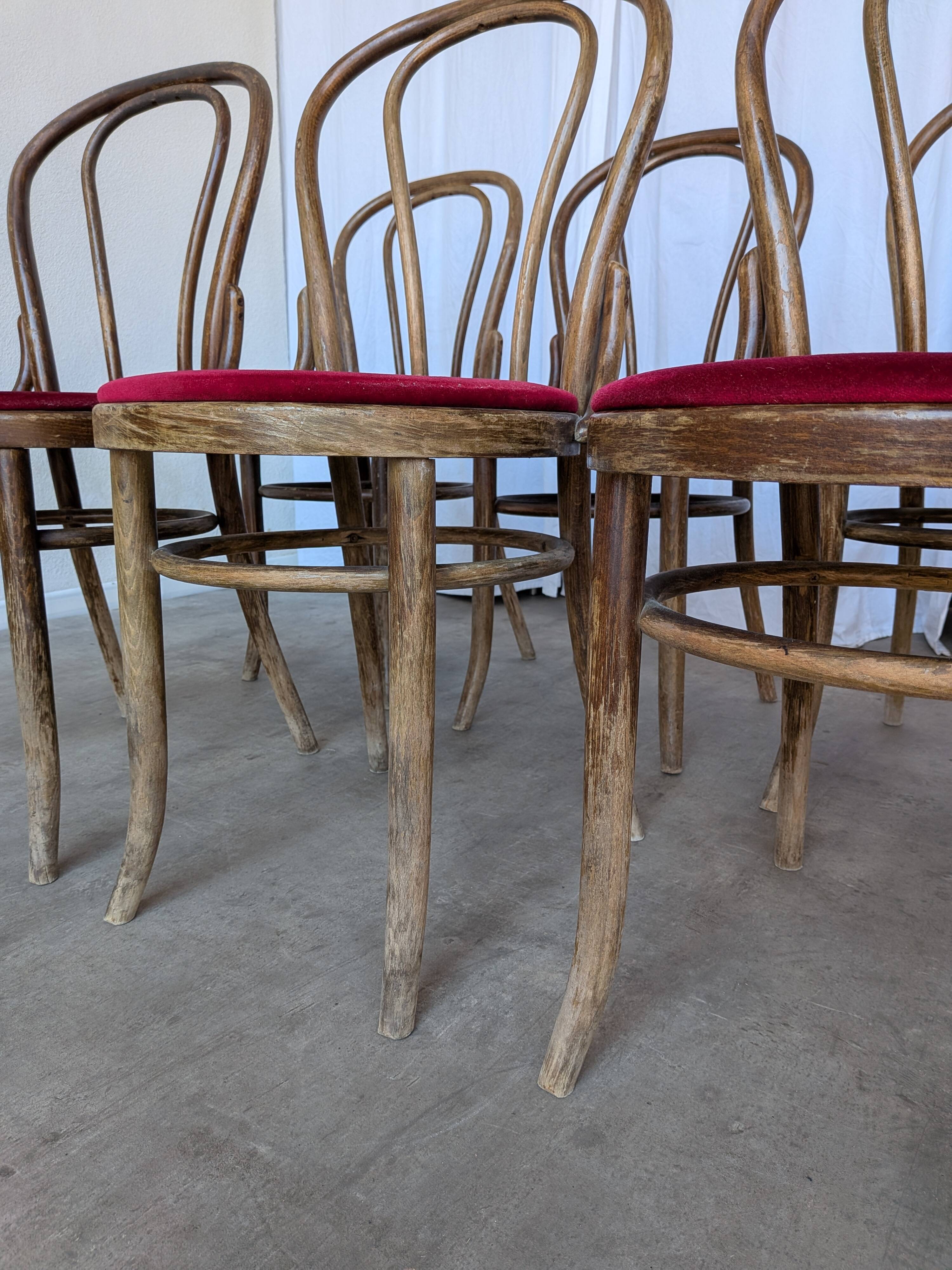 Set of 8 Vintage Bentwood Bistro Chairs: Red Upholstery