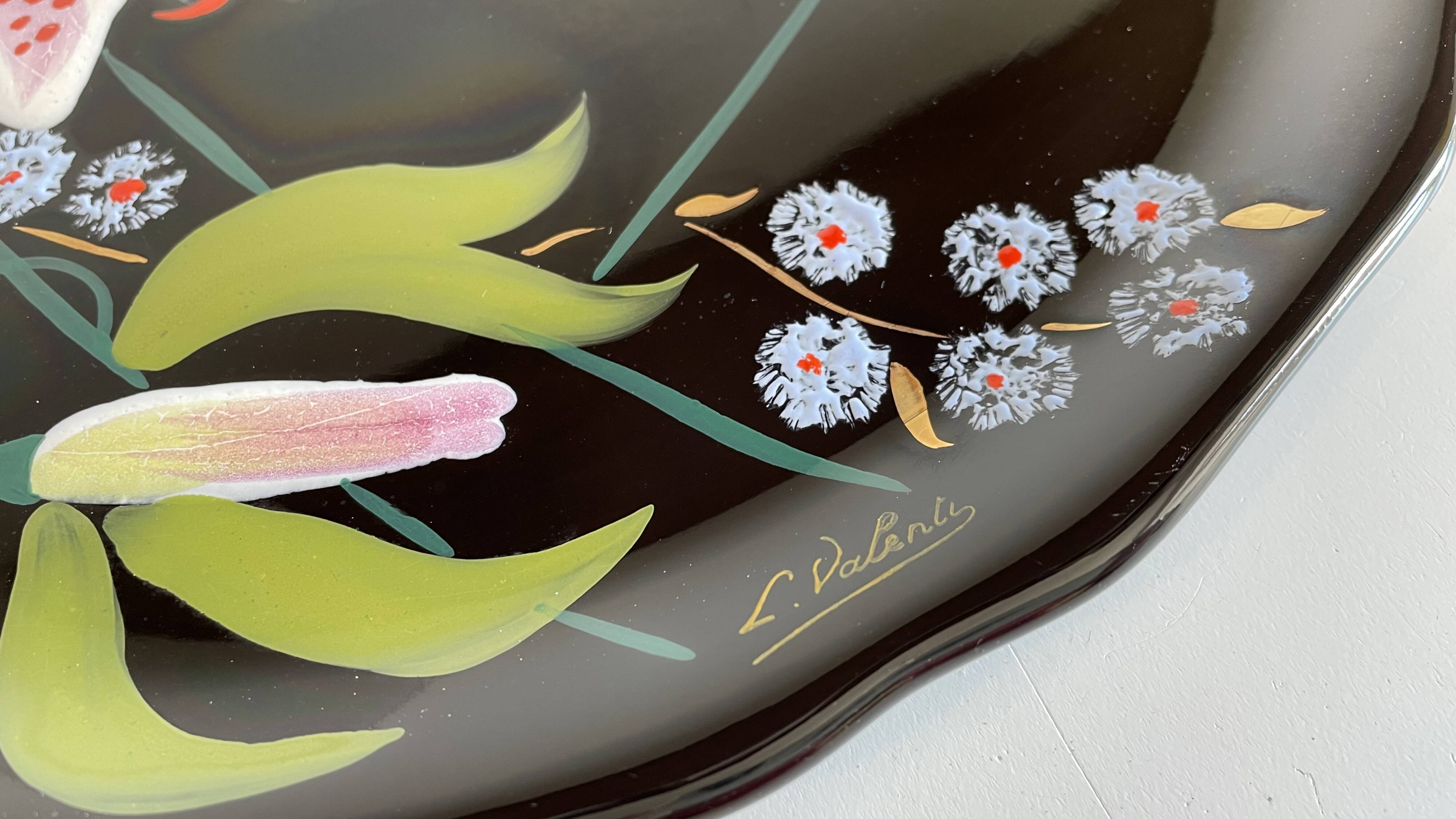 LONGWY PLATTER WITH LILIES signed L. VALENTI