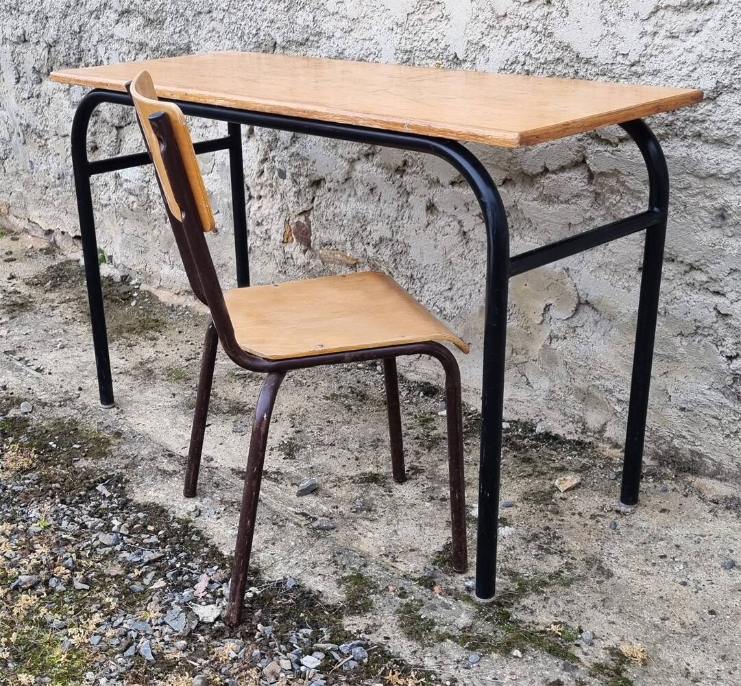 Double school desk, wood and metal, vintage, 60s