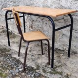 Bureau écolier double, bois et métal, vintage, années 60