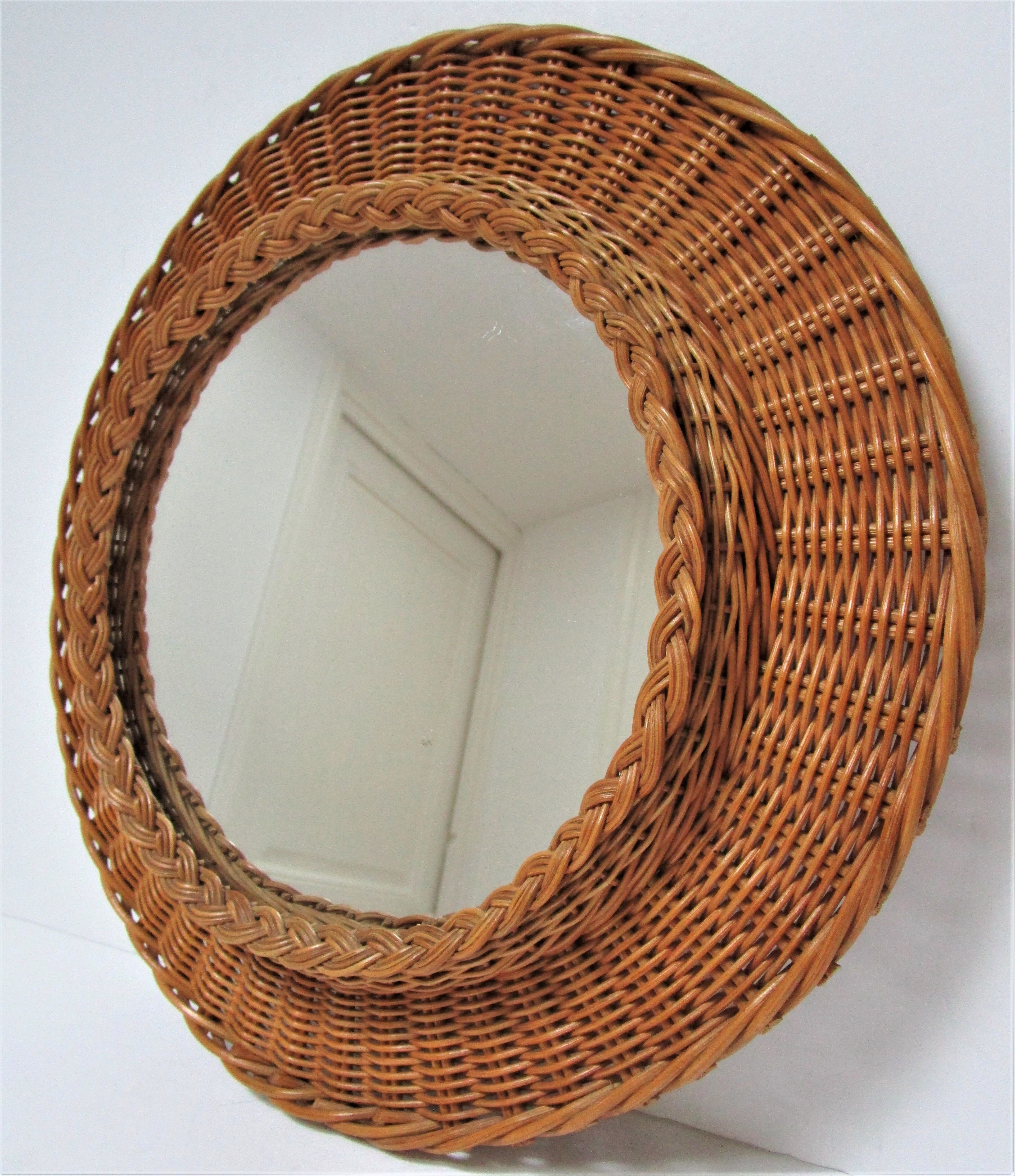 Vintage woven rattan marrow round mirror 1960