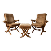 Pair of vintage 70s armchairs in brown and orange velvet with footrest.