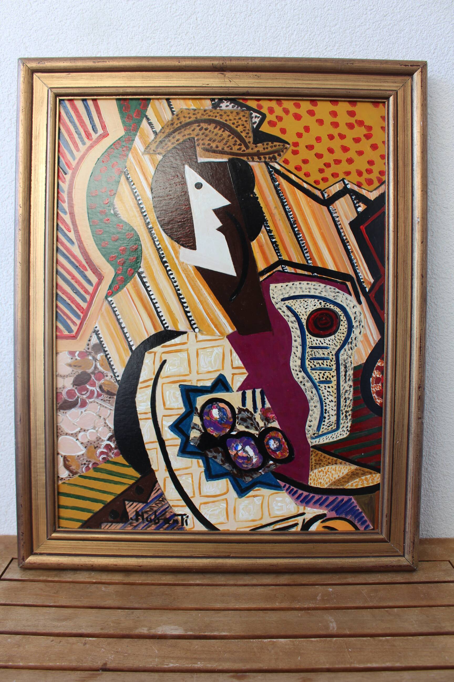 1960s Vintage Cubist Painting of Abstract Figures Composition Modernist, Framed