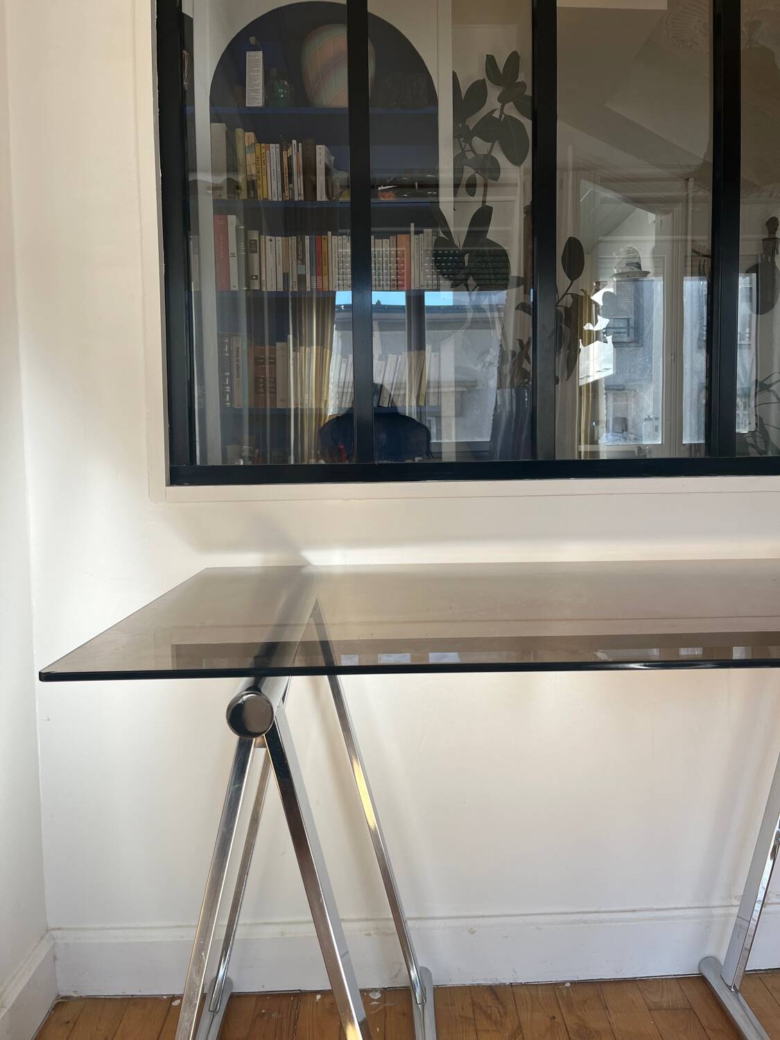 Smoked glass and chrome metal desk by Milo Baughman for Rochebobois