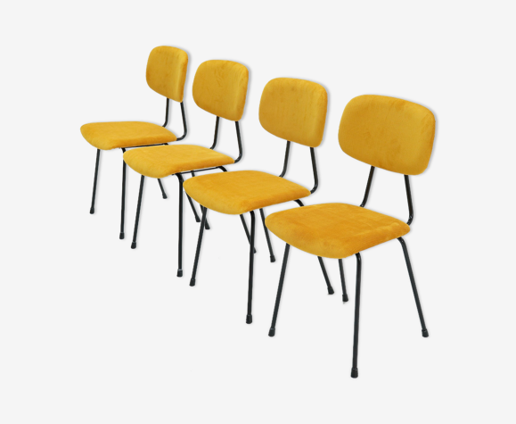 Set de 4 chaises de salle à manger Kembo rembourrées en corde nervurée jaune 1950