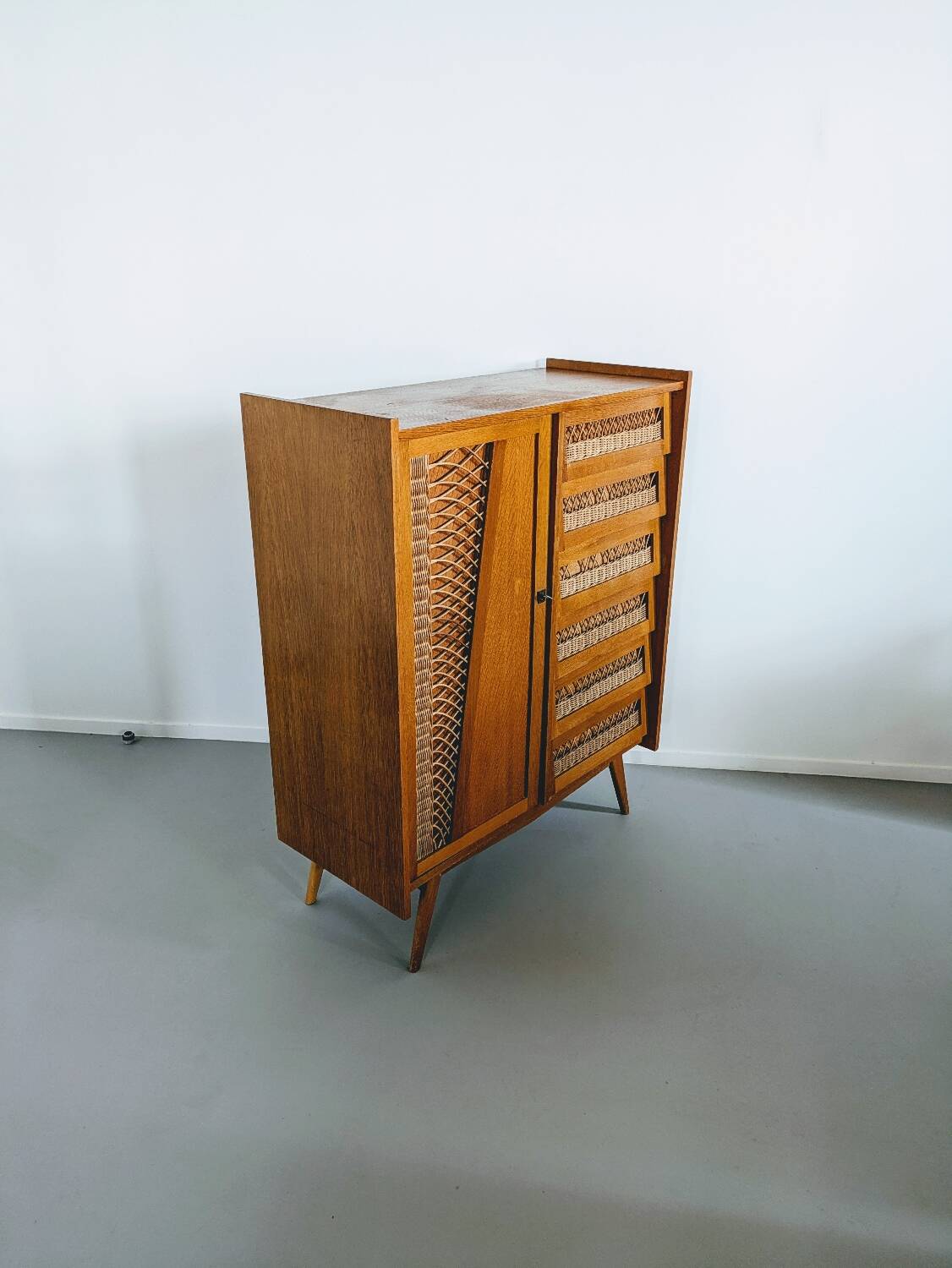 Vintage wooden and wicker chest of drawers