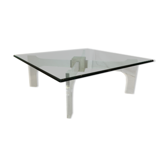 Table basse italienne années 1970 lucite, verre & travertin